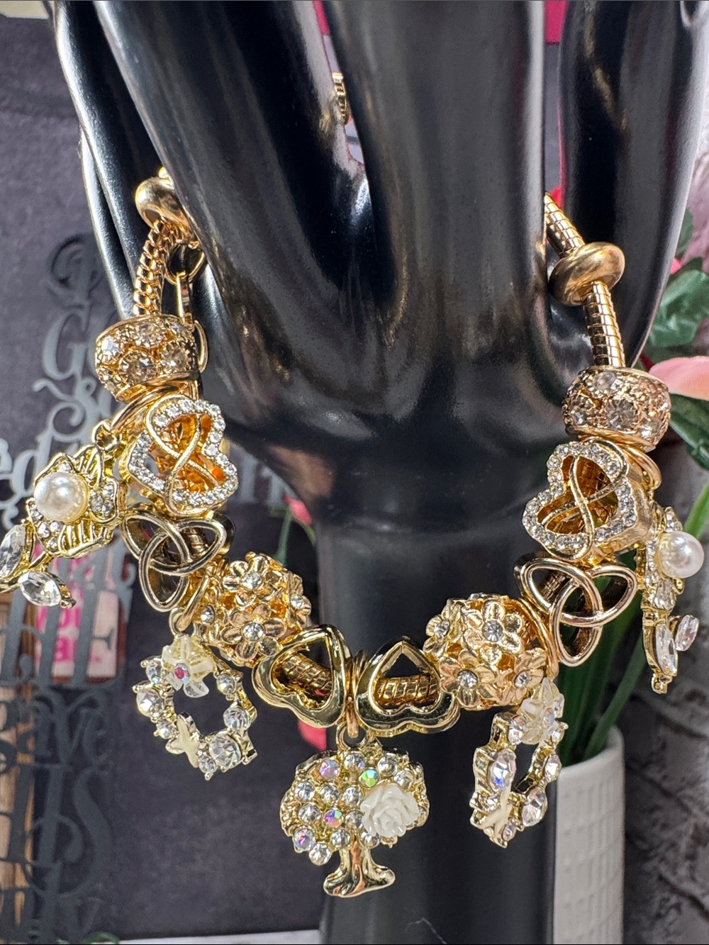 Gold Charm Bracelet with Crystal & Pearl Accents - Women Jewelry